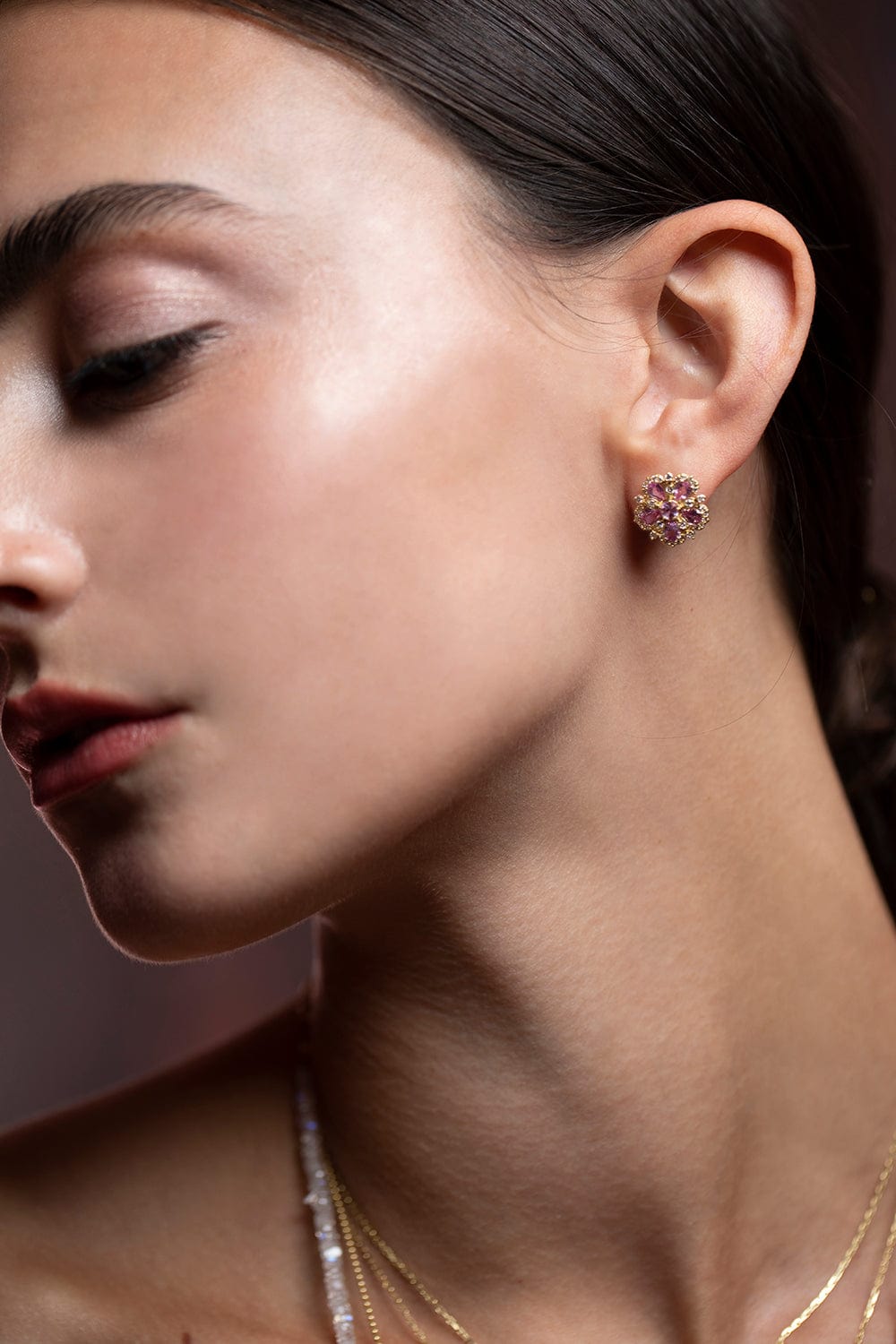 TANYA FARAH-Pink Sapphire and Diamond Flower Earrings-YELLOW GOLD