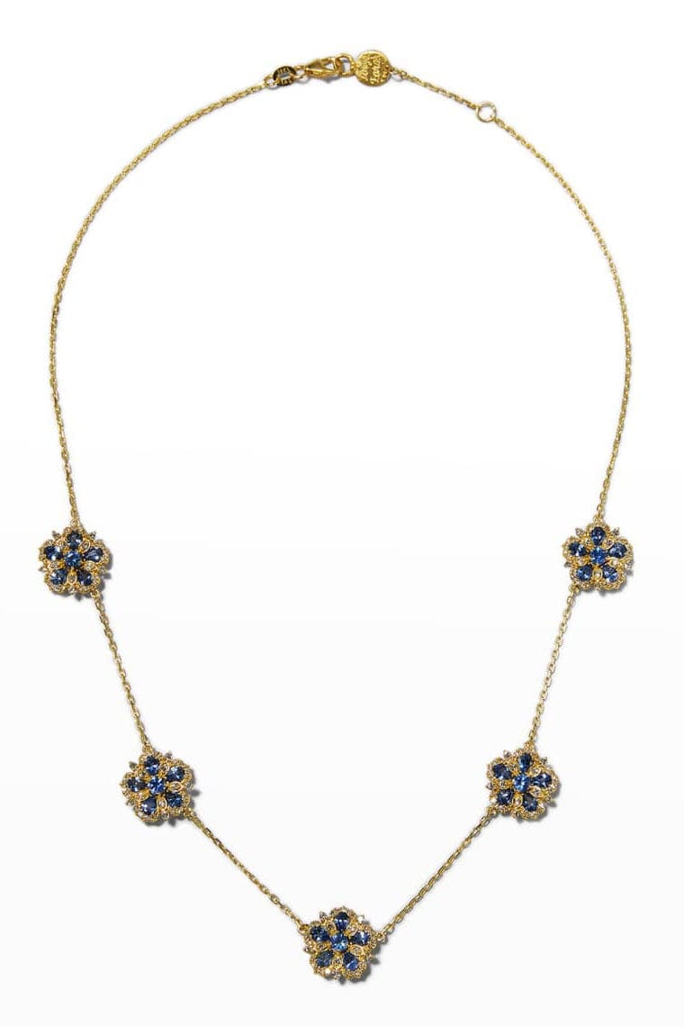 TANYA FARAH-Ceylon Sapphire and Diamond Flower Station Necklace-YELLOW GOLD