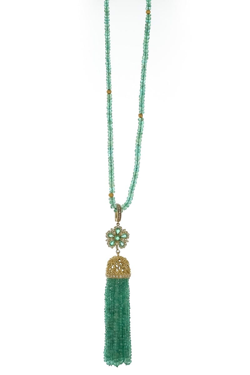 TANYA FARAH-Emerald Tassel Bead Necklace-YELLOW GOLD