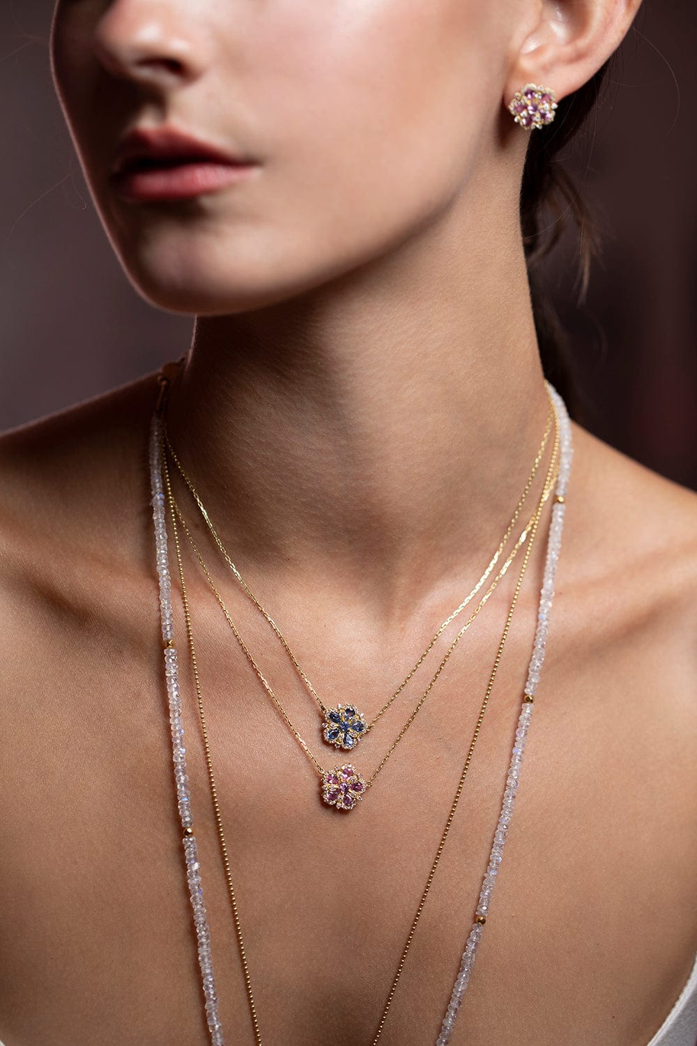 TANYA FARAH-Pink Sapphire and Diamond Flower Necklace-YELLOW GOLD