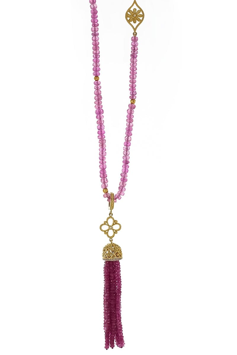 TANYA FARAH-Pink Sapphire Tassel Bead Necklace-YELLOW GOLD