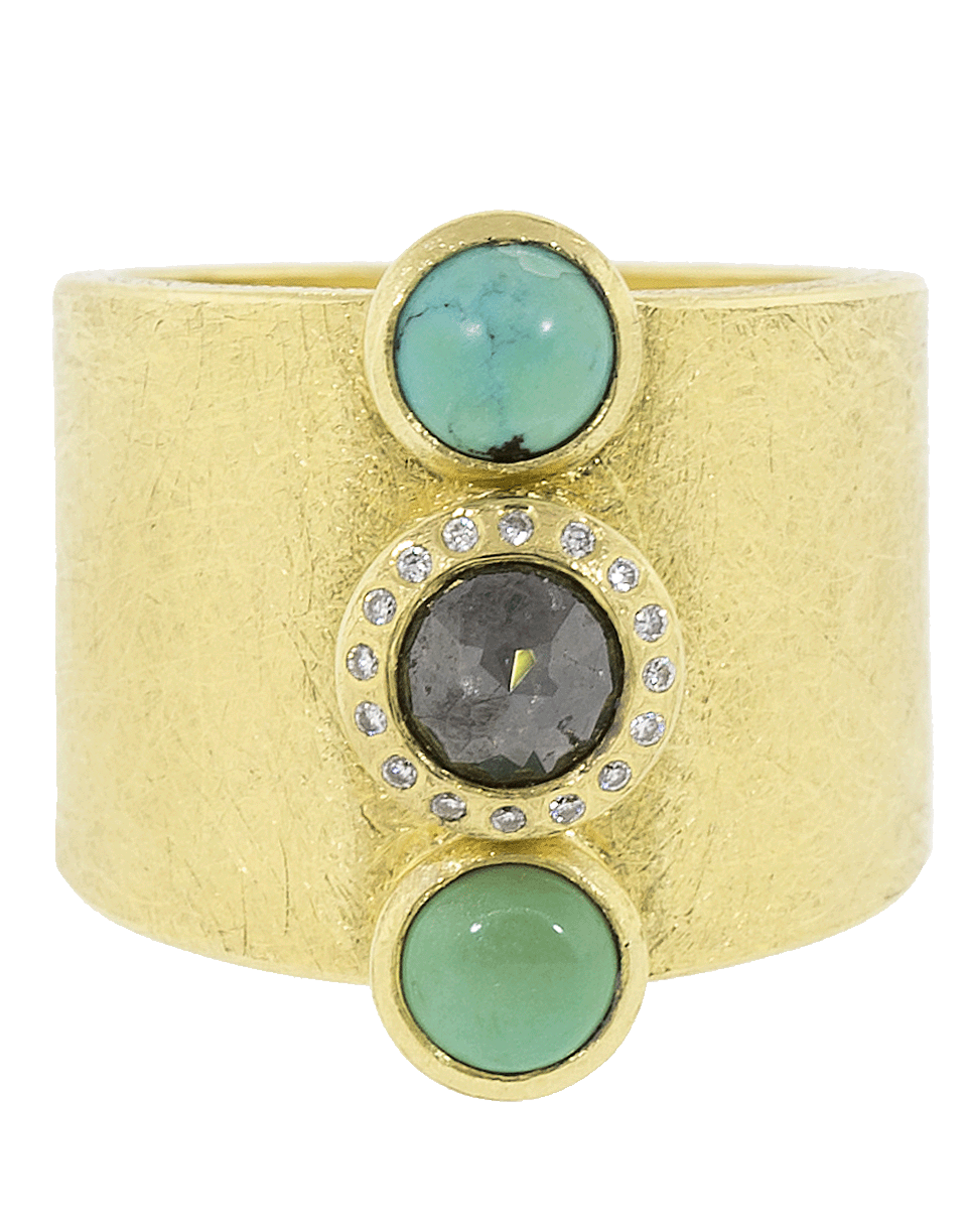 TODD REED-Rose Cut Black Diamond And Cabachon Turquoise Ring-YELLOW GOLD