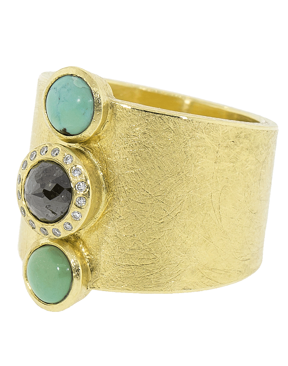 TODD REED-Rose Cut Black Diamond And Cabachon Turquoise Ring-YELLOW GOLD