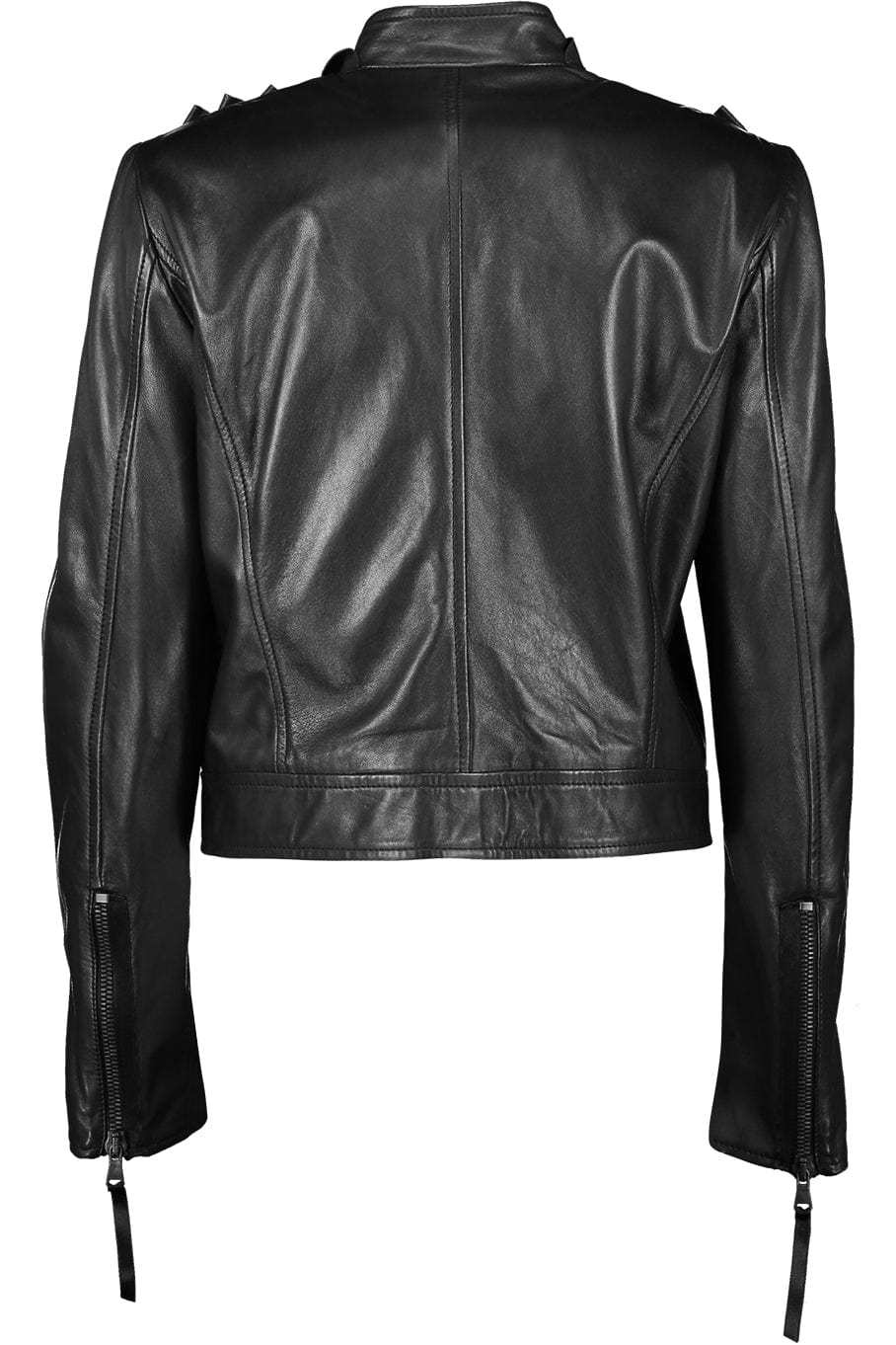 VALENTINO-Ruffle Front Leather Jacket-BLACK