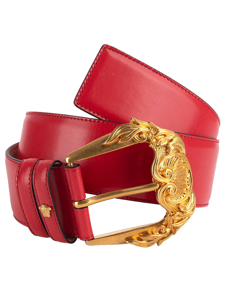 VERSACE-Gold Buckle Wide Leather Belt-