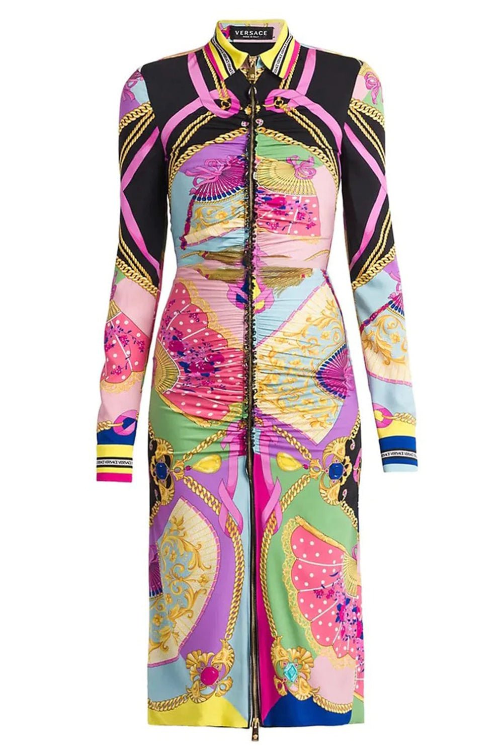 VERSACE-Printed Long Sleeve Dress With Front Zip-