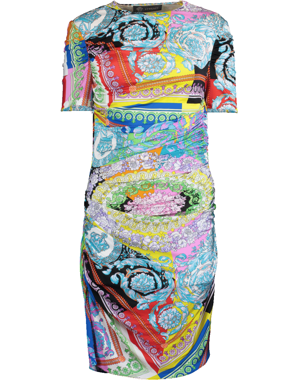 VERSACE-Ruched Jersey Print Dress-