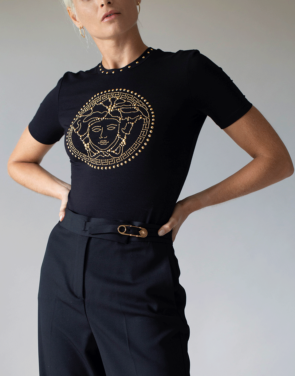 VERSACE-Black Wool Gold Pin Cropped Flared Trouser-