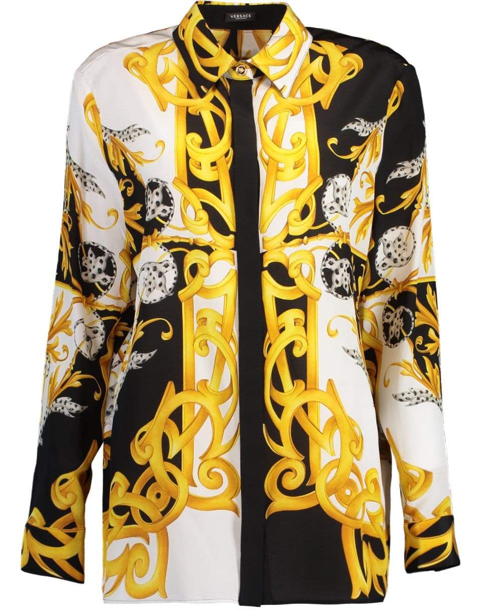 VERSACE-Black and Gold Silk Baroque Print Blouse-