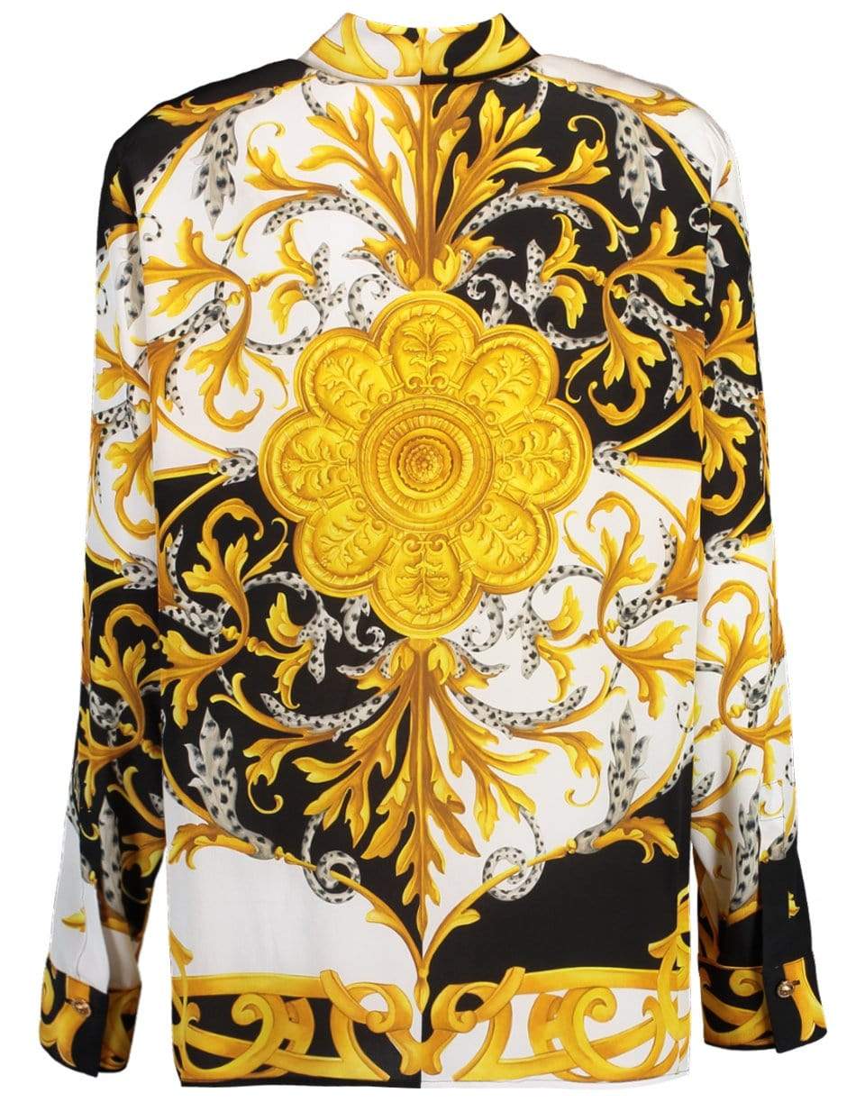 VERSACE-Black and Gold Silk Baroque Print Blouse-