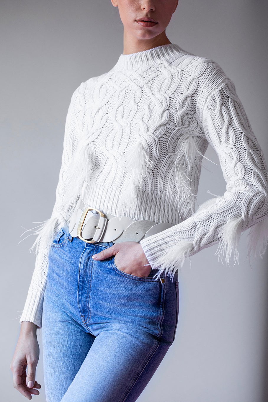 VINCE-Feather Embellished Cable Sweater-