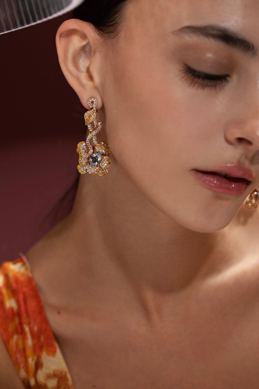 WENDY YUE-Aquamarine Gold Diamond Flower Earrings-ROSE GOLD