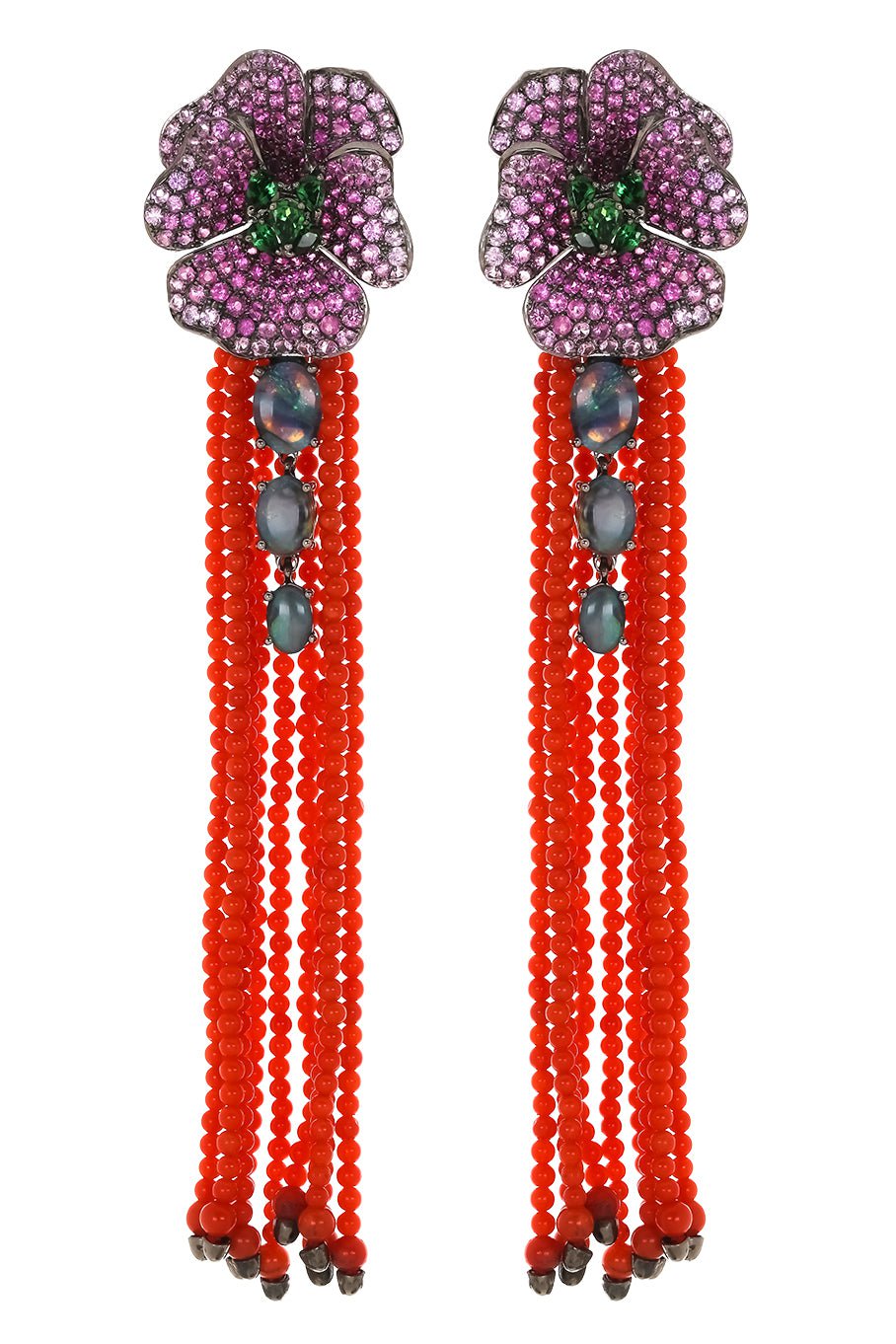 WENDY YUE-Coral Sapphire Strand Earrings-WHITE GOLD