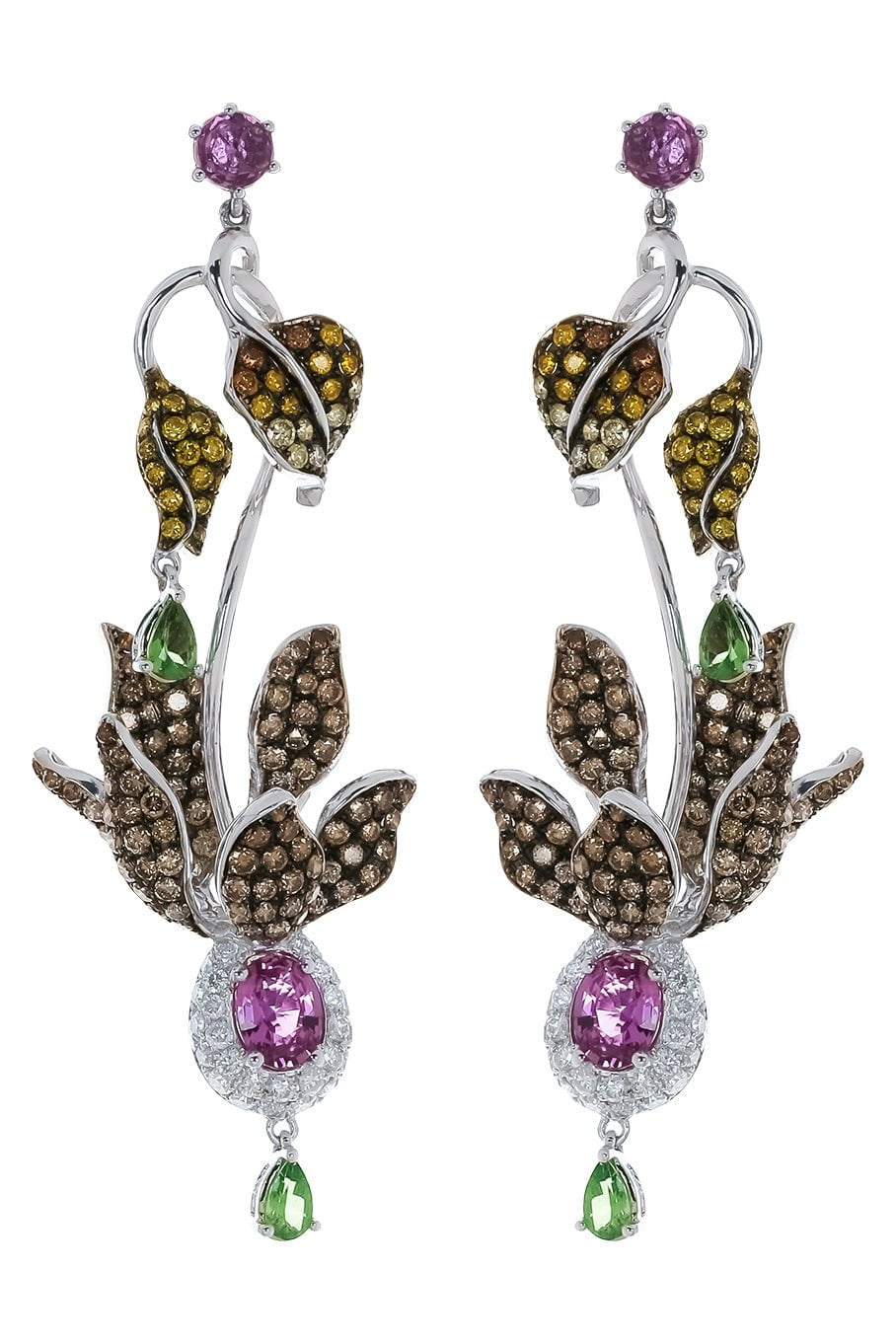 WENDY YUE-Diamond Purple Sapphire Leaf Earrings-WHITE GOLD