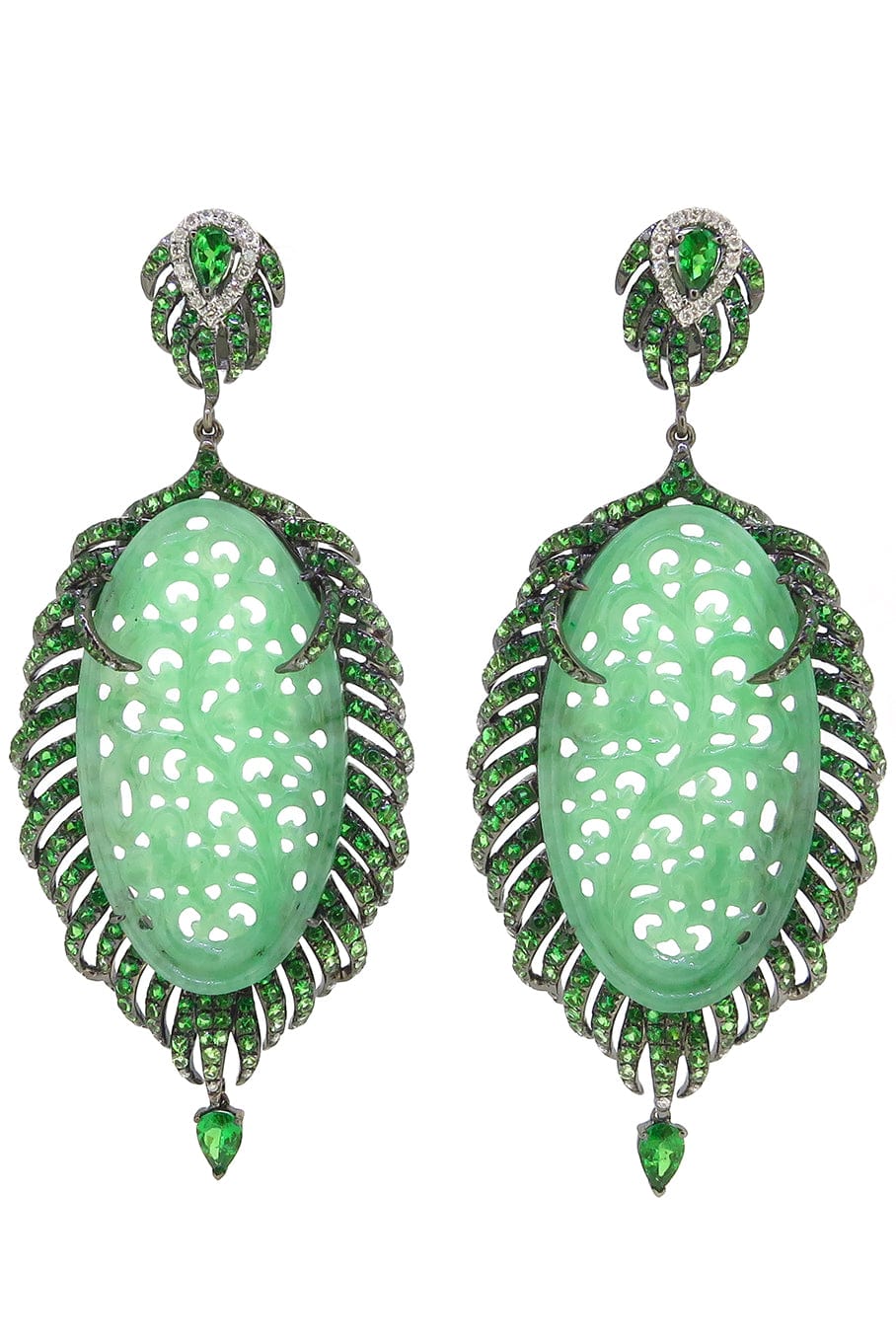 WENDY YUE-Carved Jade and Tsavorite Earrings-WHITE GOLD
