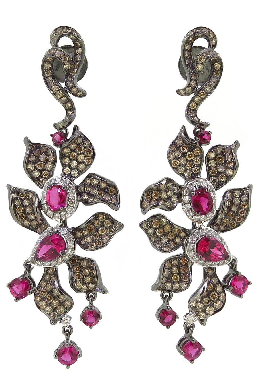 WENDY YUE-Diamond and Rubellite Flower Earrings-WHITE GOLD