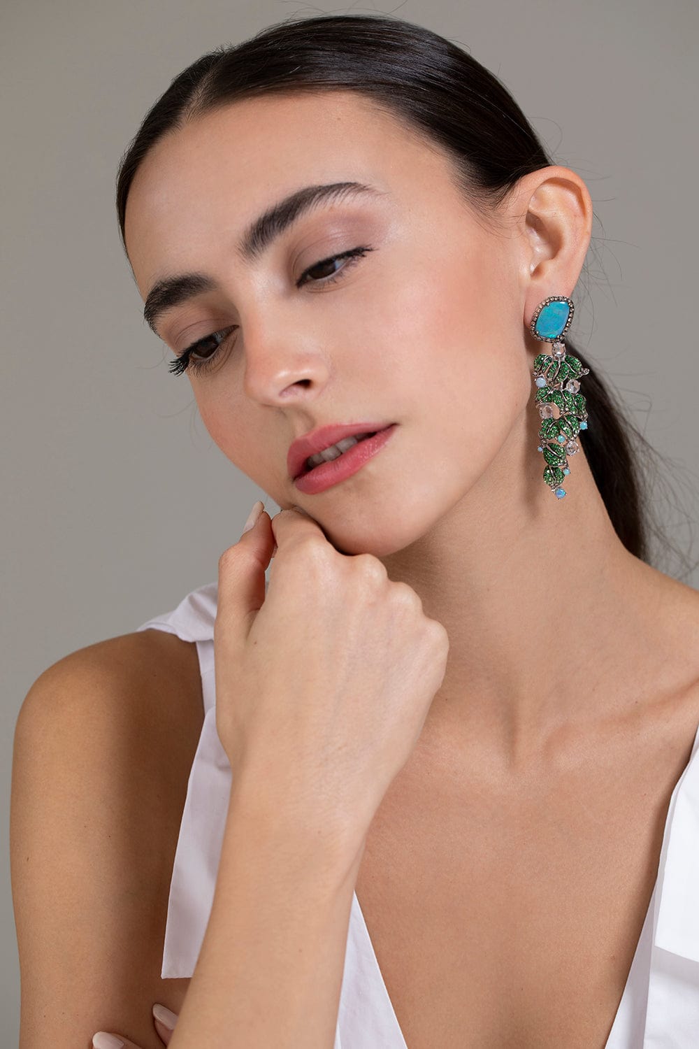 WENDY YUE-Opal and Tsavorite Leaf Earrings-WHITE GOLD