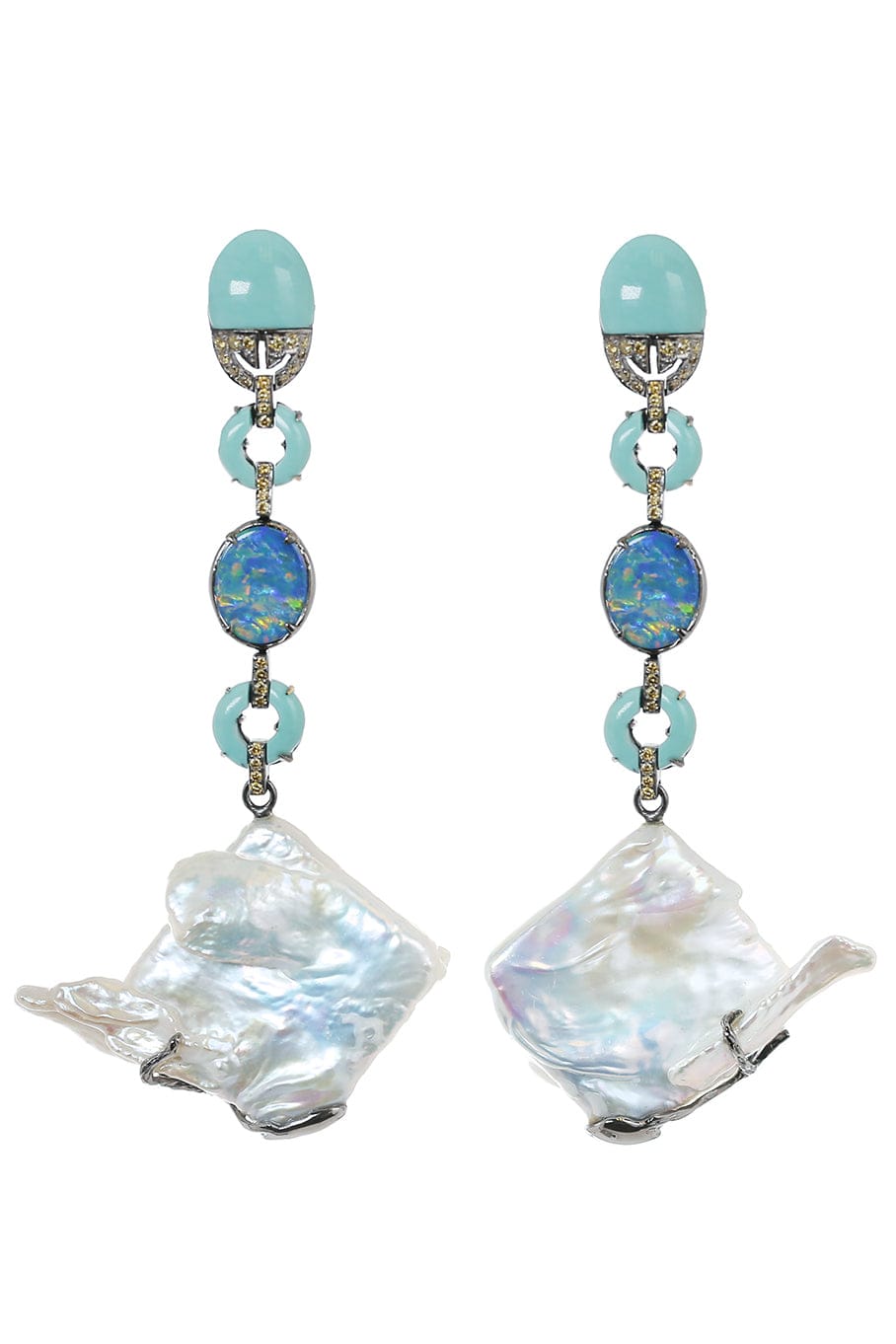 WENDY YUE-Pearl and Turquoise Drop Earrings-WHITE GOLD