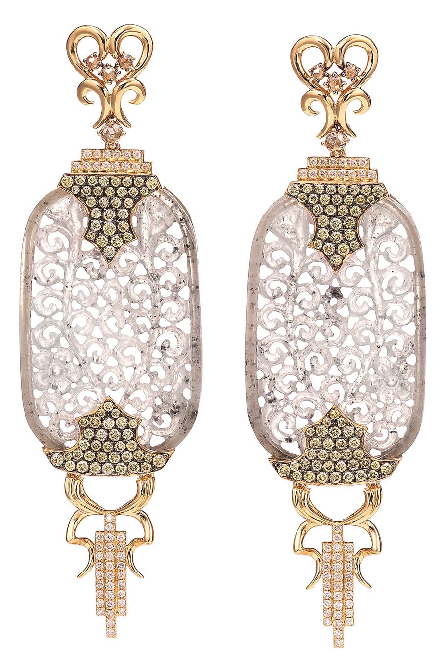 WENDY YUE-Carved Jade and Fancy Diamond Earrings-YELLOW GOLD