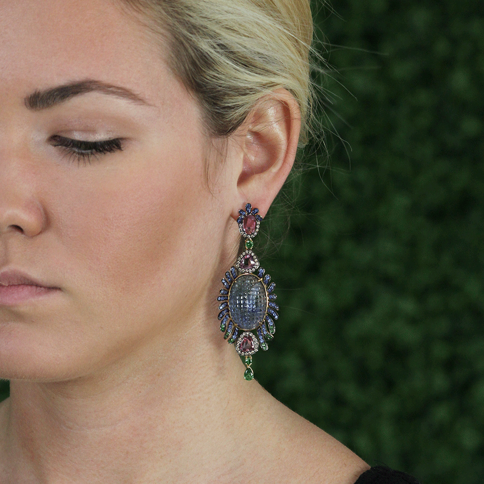 WENDY YUE-Carved Tanzanite Earrings-YELLOW GOLD