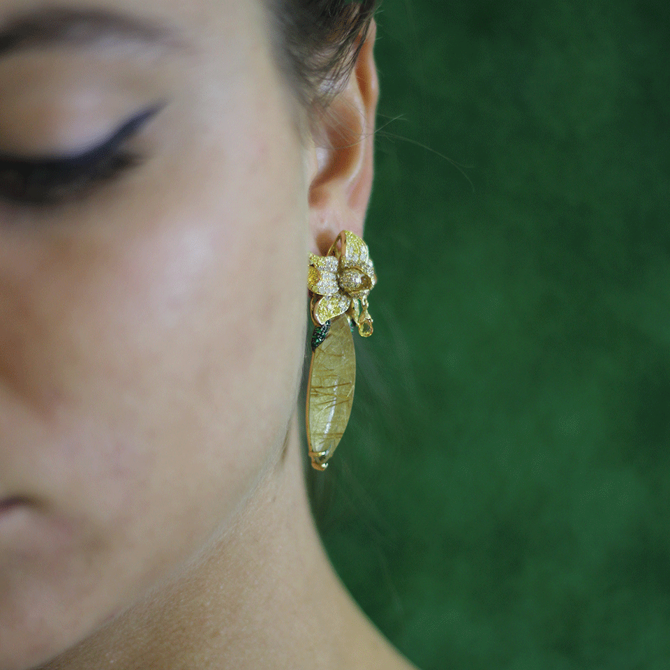 WENDY YUE-Rutilated Quartz Earrings-YELLOW GOLD