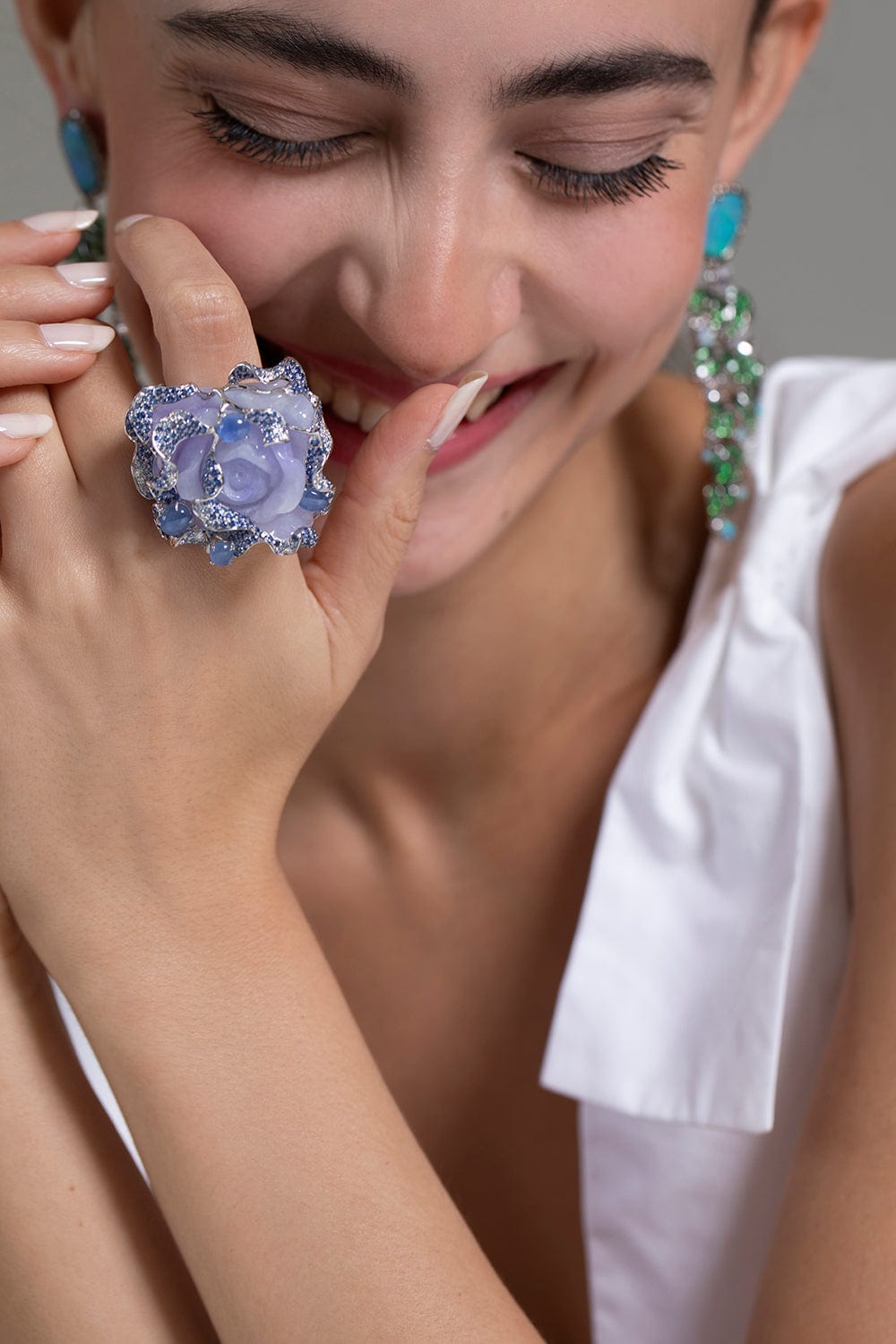 WENDY YUE-Purple Jade Carved Flower Ring-WHITE GOLD