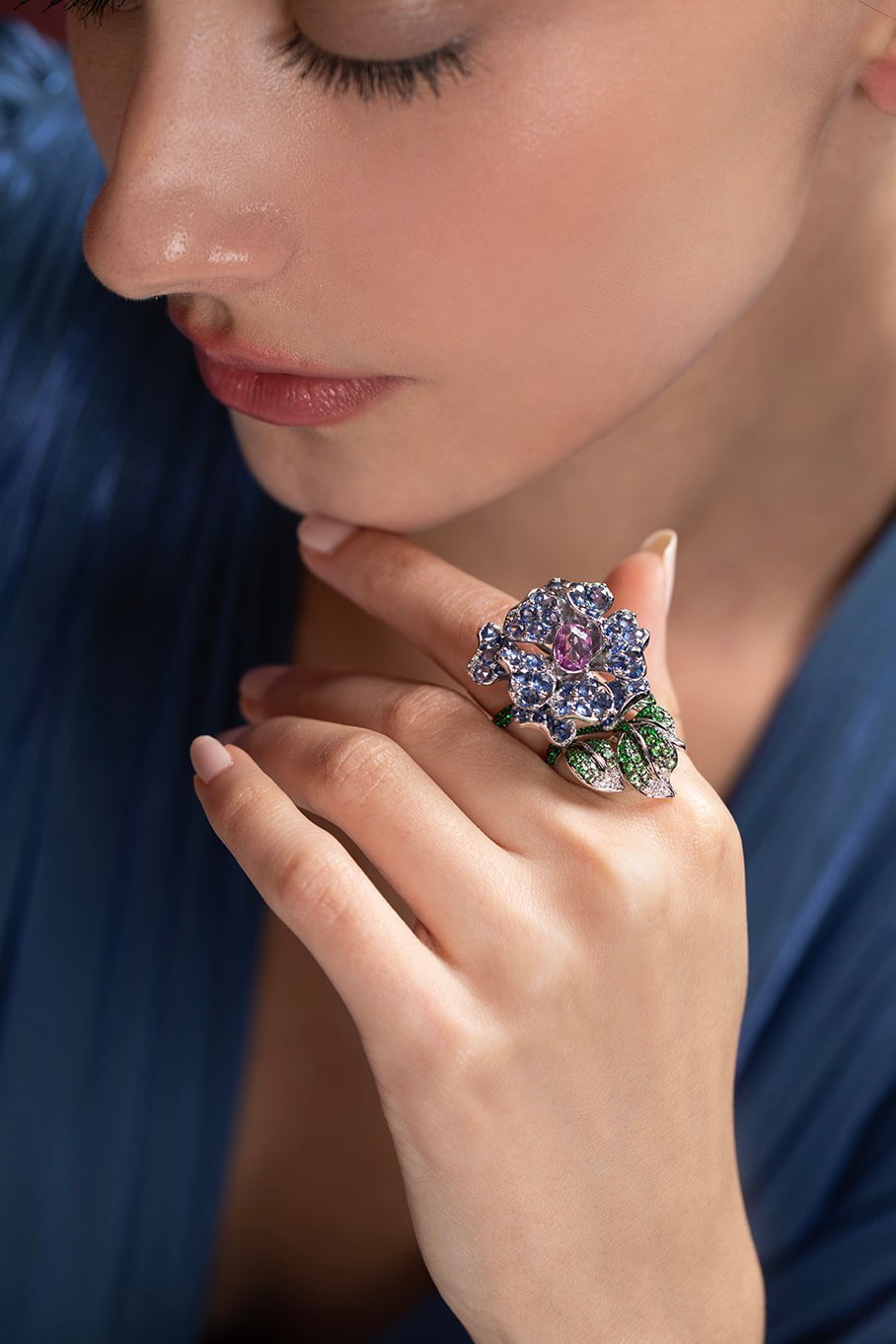 WENDY YUE-Blue Sapphire Diamond Flower Ring-WHITE GOLD