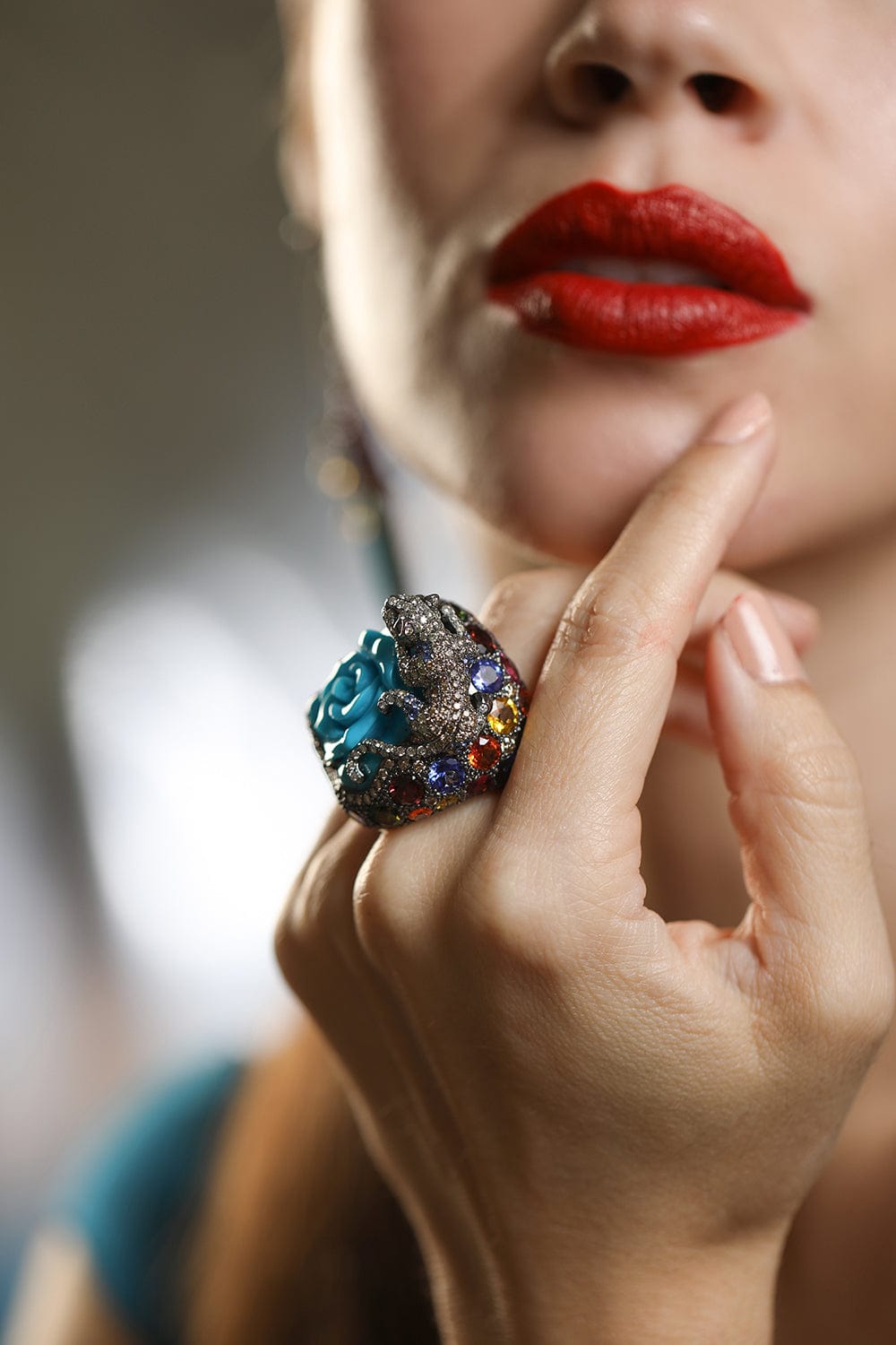 WENDY YUE-Turquoise Carved Rose Cocktail Ring-WHITE GOLD