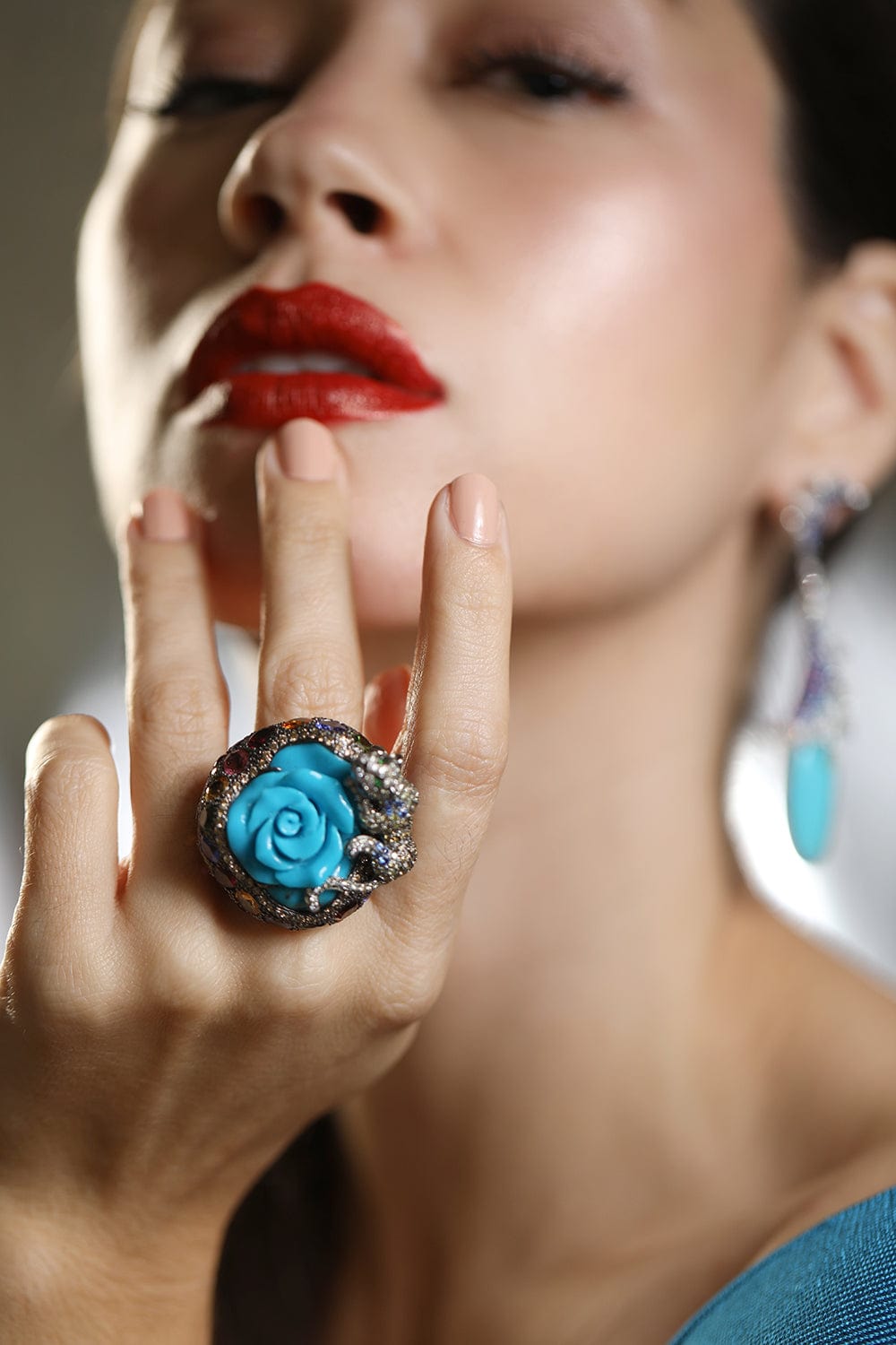 WENDY YUE-Turquoise Carved Rose Cocktail Ring-WHITE GOLD