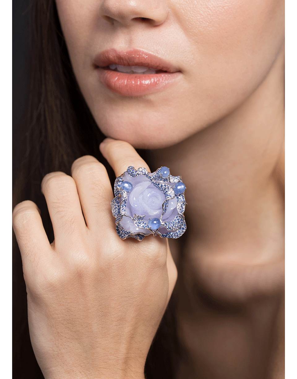 WENDY YUE-Purple Jade Carved Flower Ring-WHITE GOLD