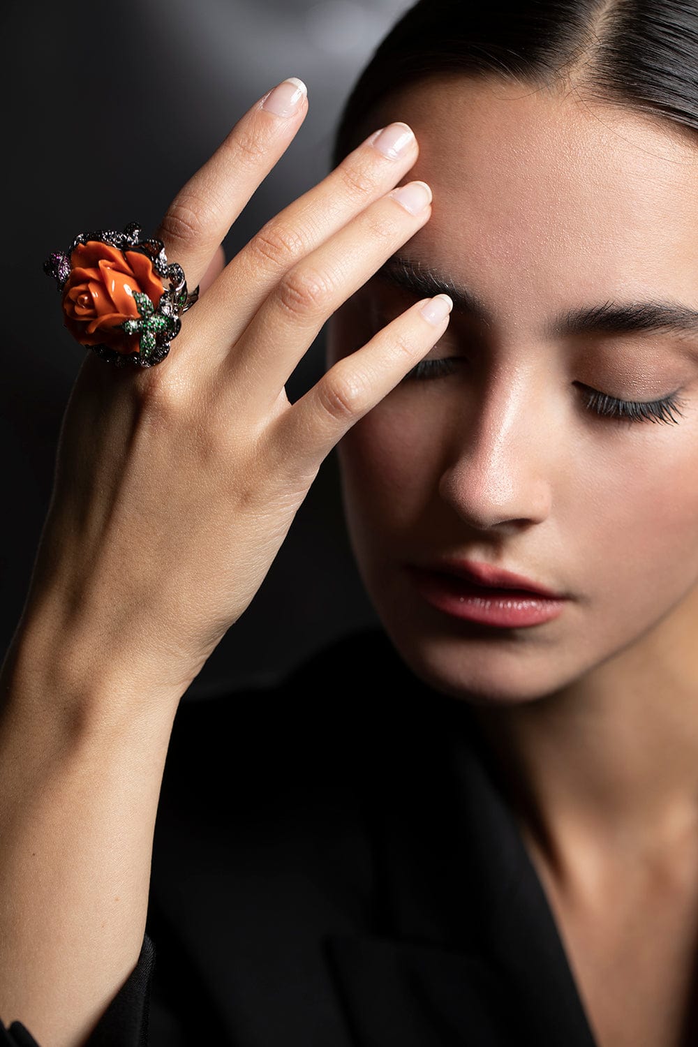 WENDY YUE-Carved Coral Flower Ring-WHITE GOLD