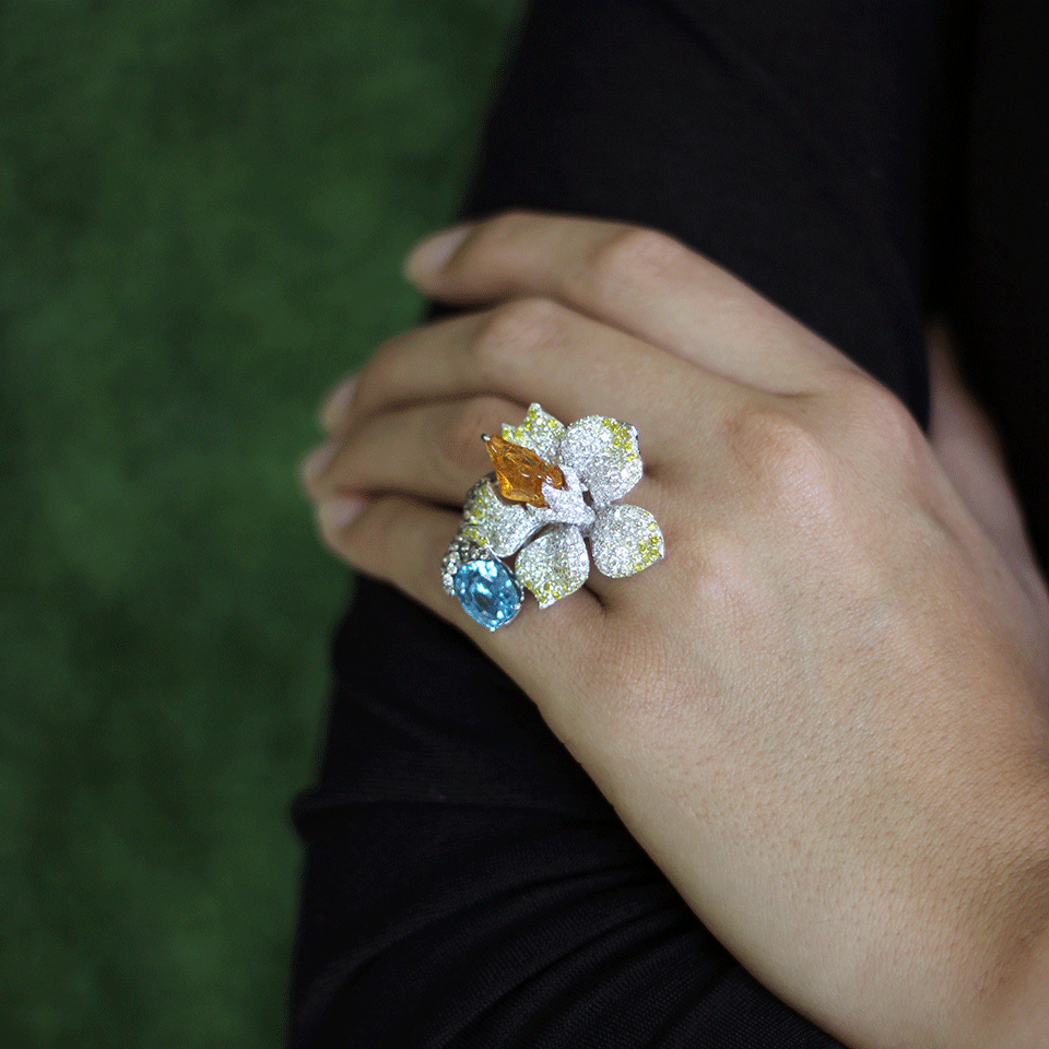 WENDY YUE-Mandarin Garnet Flower Ring-WHITE GOLD
