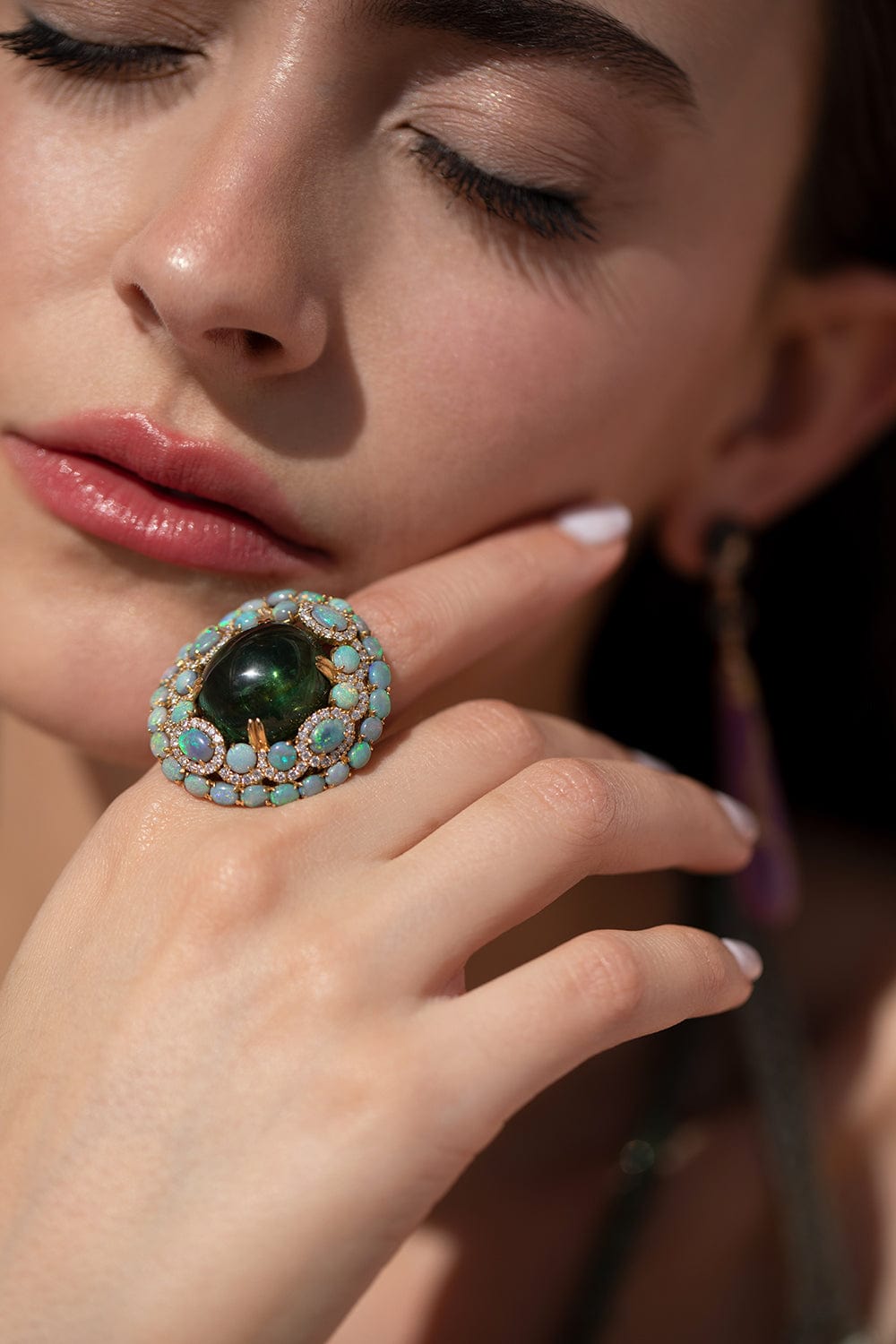 WENDY YUE-Green Tourmaline With Opal And Diamond Ring-YELLOW GOLD