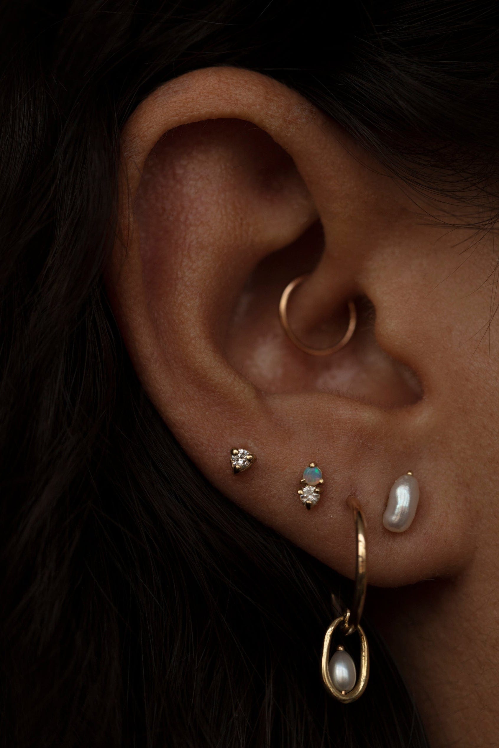 WWAKE-Opal Diamond Two-Step Earrings-YELLOW GOLD