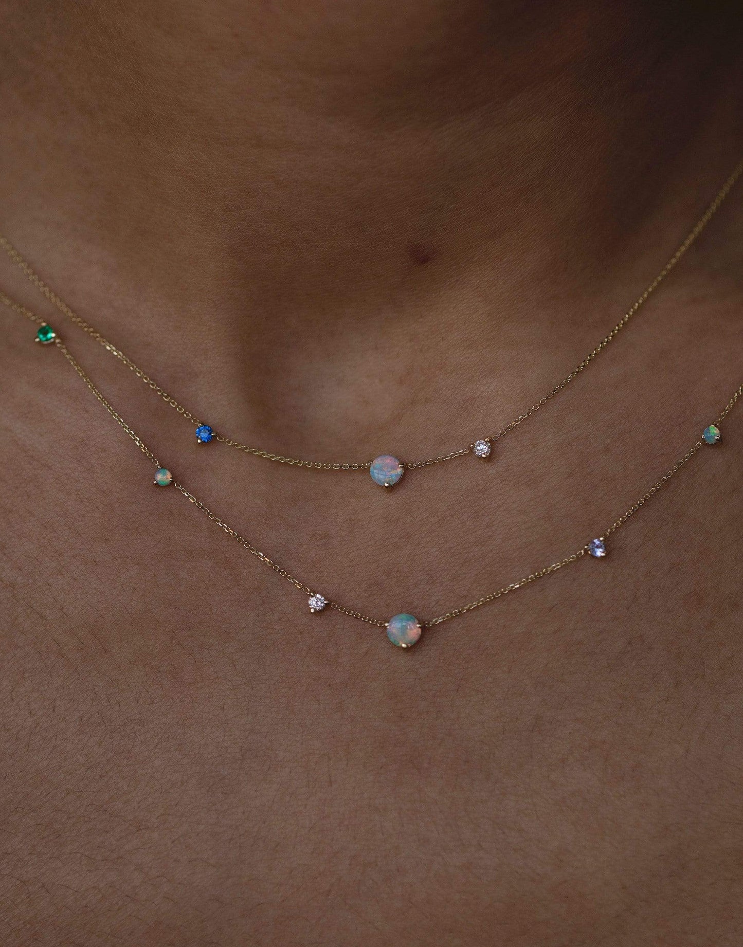 WWAKE-Linear Opal, Emerald, Tanzanite Necklace-YELLOW GOLD