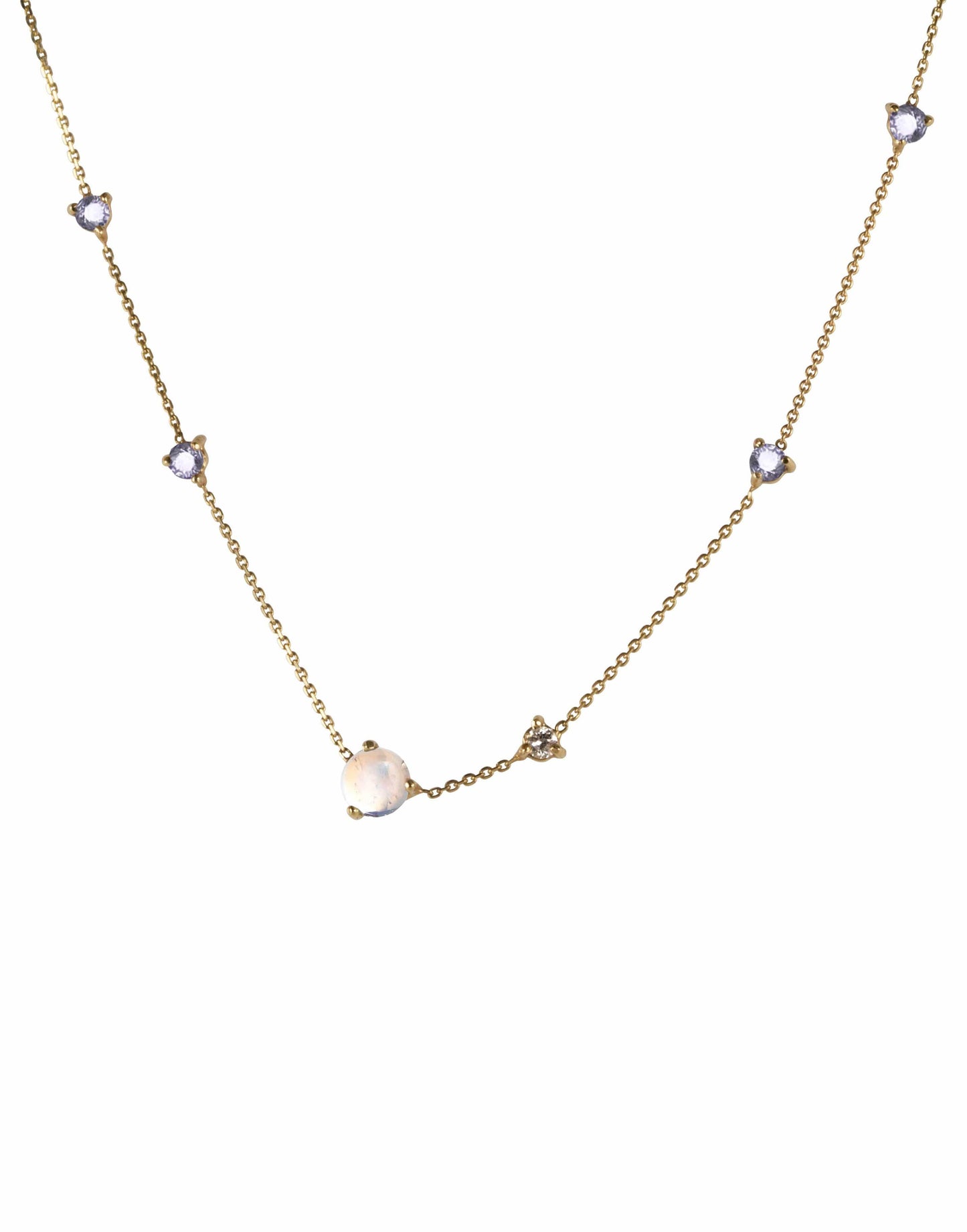 WWAKE-Sapphire, Moonstone and Diamond Linear Chain Necklace-YELLOW GOLD