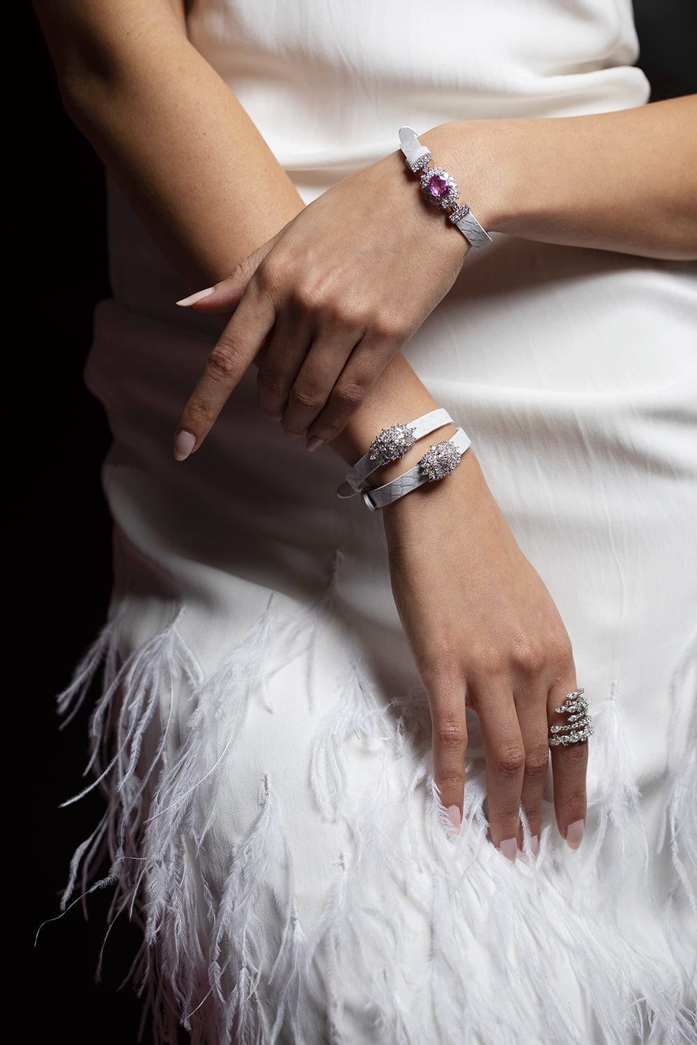 YEPREM JEWELLERY-Pink Sapphire Stamped White Leather Wrap Bracelet-WHITE GOLD