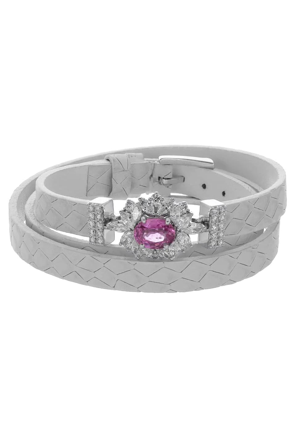 YEPREM JEWELLERY-Pink Sapphire Stamped White Leather Wrap Bracelet-WHITE GOLD