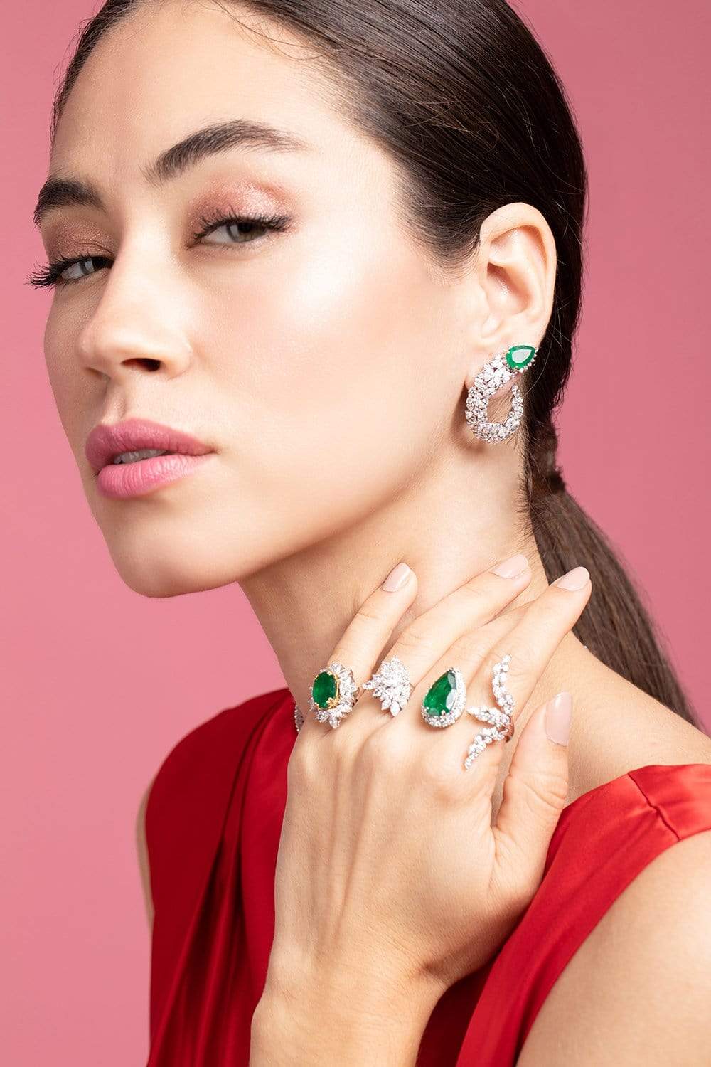 YEPREM JEWELLERY-Pear Emerald and Diamond Earrings-WHITE GOLD