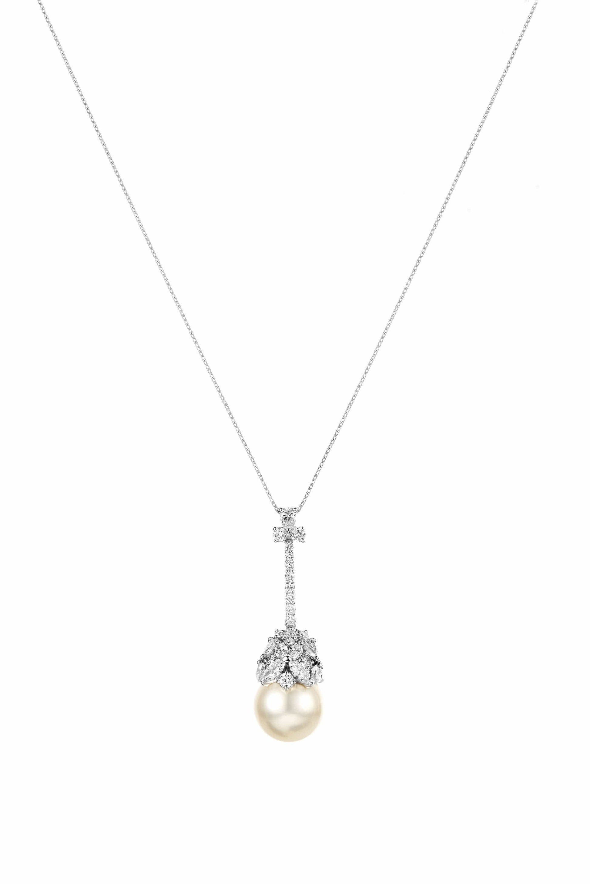 YEPREM JEWELLERY-Pearl and Diamond Drop Necklace-WHITE GOLD