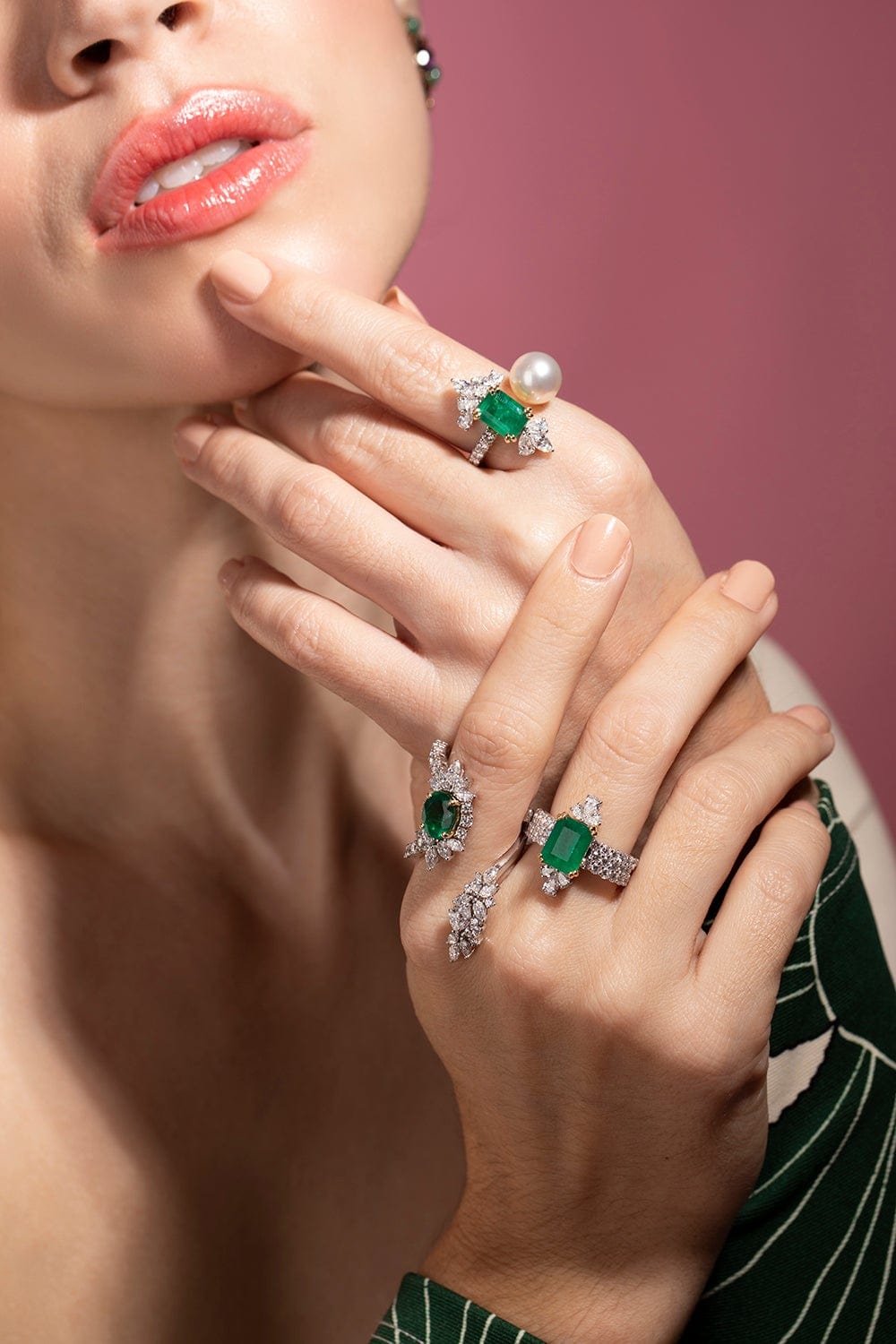YEPREM JEWELLERY-Emerald Pearl and Diamond Ring-WHITE GOLD