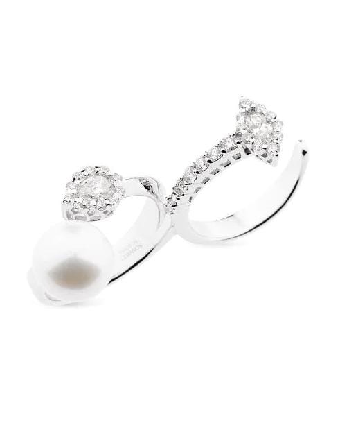 YEPREM JEWELLERY-Pearl and Diamond Double Finger Ring-WHITE GOLD