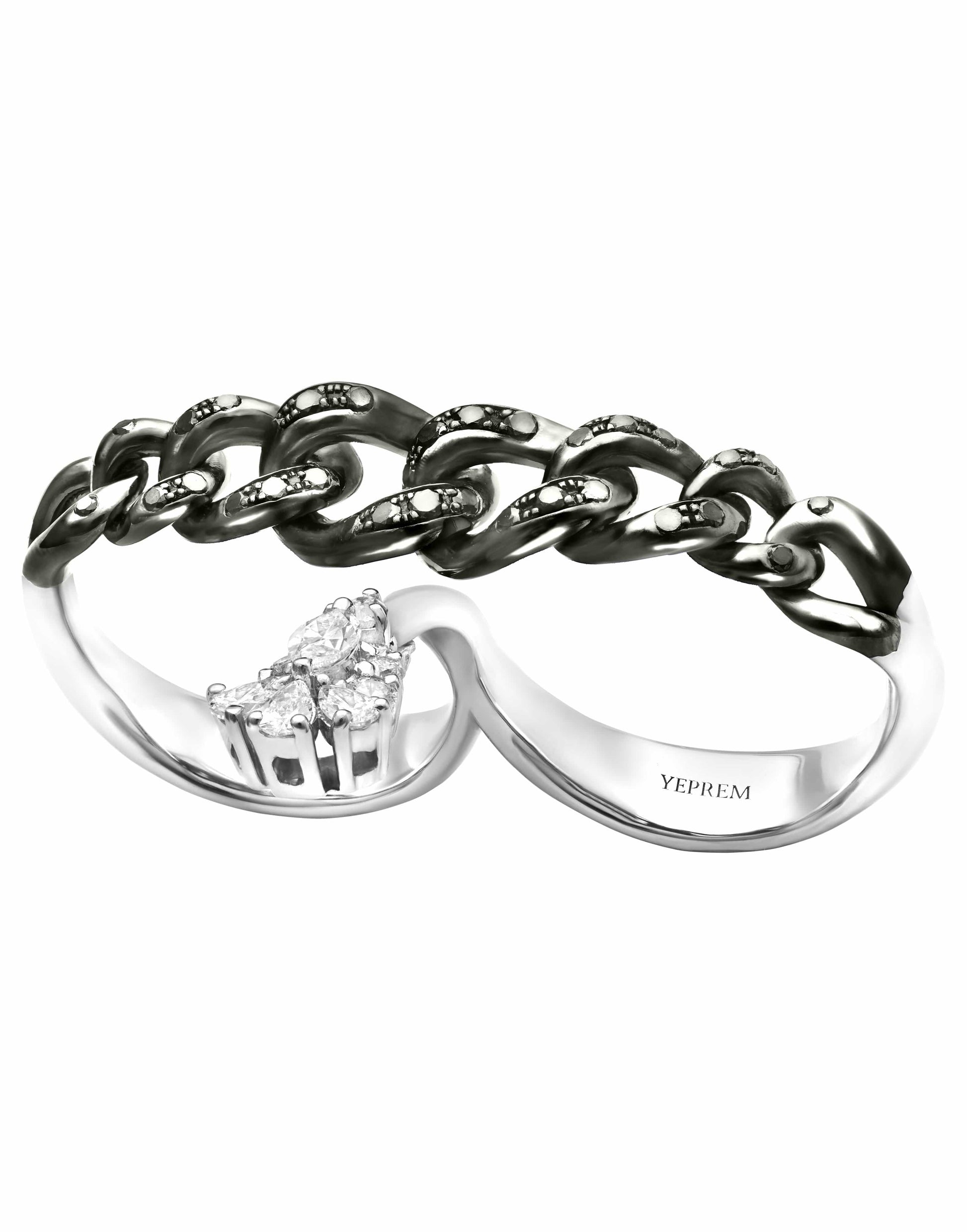 YEPREM JEWELLERY-Double Finger Diamond Chain Ring-WHITE GOLD