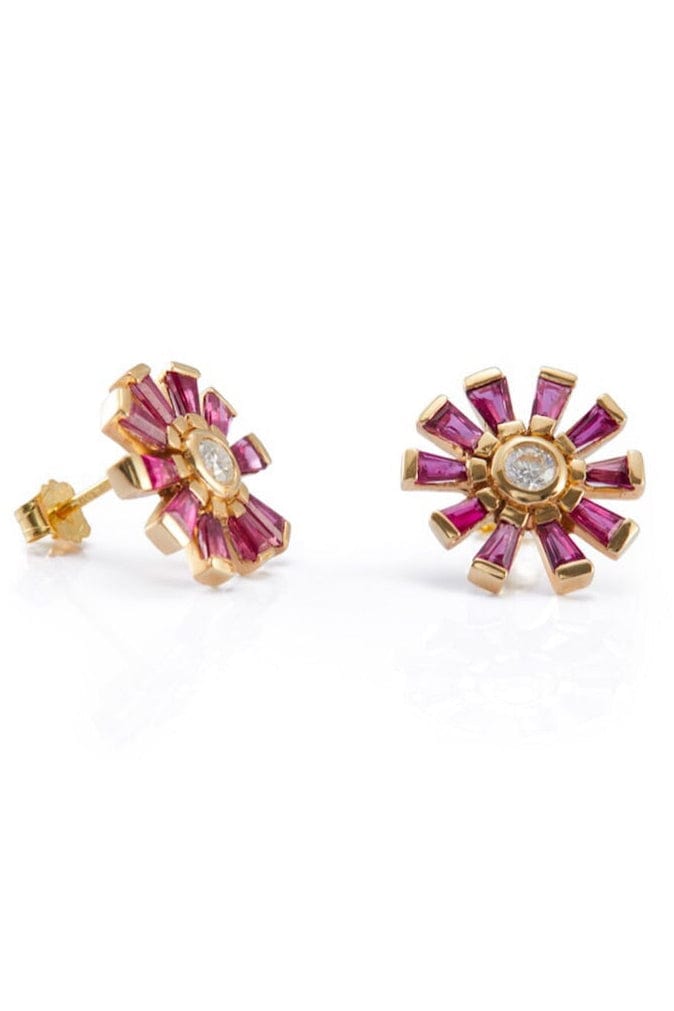 YI COLLECTION-Diamond and Ruby Daisy Earrings-YELLOW GOLD